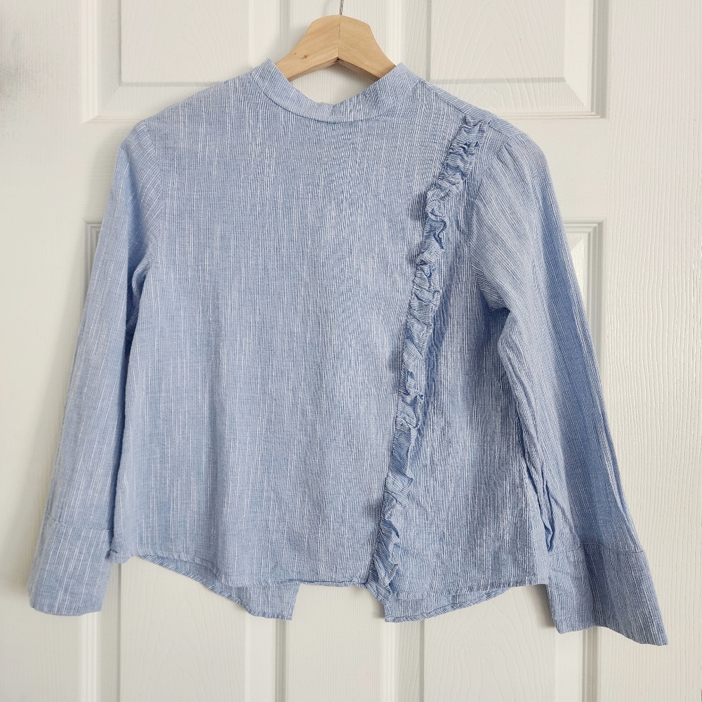 Zara Girls Blue Ruffle Front Long Sleeve Top